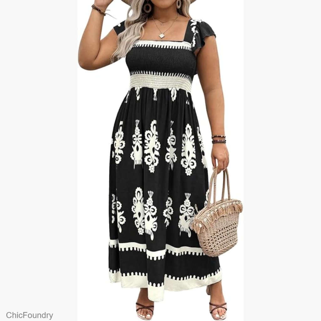 Plus Size Maxi Dress Smocked Bodice Flutter Sleeve Square Neck Boho